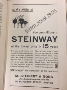 Steinway newspaper advertisement during the Great Depression