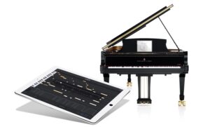 Photo of iPad interface with Spirio piano in background