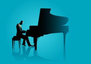 Sketch of pianist playing when blue background