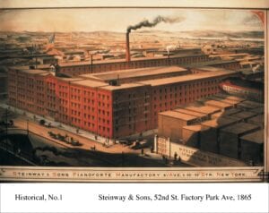 Colored sketch of Steinway's former New York factory, circa 1865