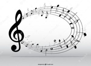Graphic of treble clef and musical notes in a circle